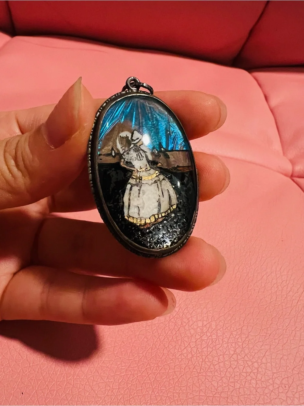 Vintage English Sterling Silver Butterfly Wing Lady & Birds Pendant